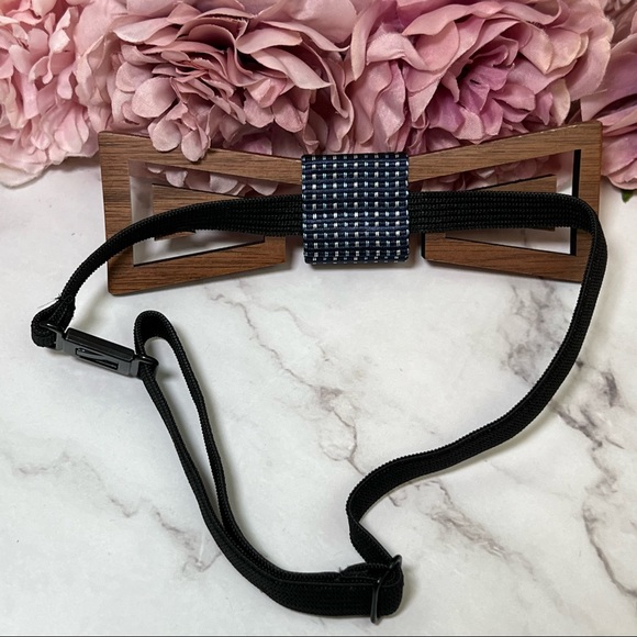 Handmade Wood Butterfly Bow Tie Cufflinks Navy Blue Pocket Square Set - Picture 9 of 16